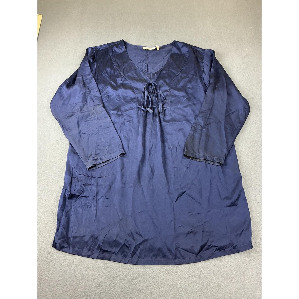 Victorias Secret Tunic Womens M Blue Silk V-Neck Tie Bow 3/4 Sleeve Satin Y2K